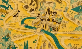 Illustration de Raoul Auger, Carte du Royaume de radiophonie, publiée dans une brochure de la Compagnie des lampes Mazda, 1933-1934. Source : collection du Musée de Radio France.