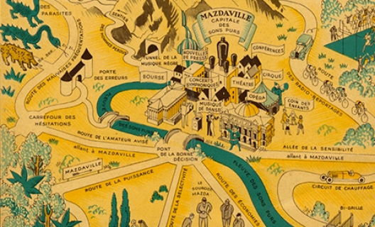 Illustration de Raoul Auger, Carte du Royaume de radiophonie, publiée dans une brochure de la Compagnie des lampes Mazda, 1933-1934. Source : collection du Musée de Radio France. Illustration de Raoul Auger, Carte du Royaume de radiophonie, publiée dans une brochure de la Compagnie des lampes Mazda, 1933-1934. Source : collection du Musée de Radio France.